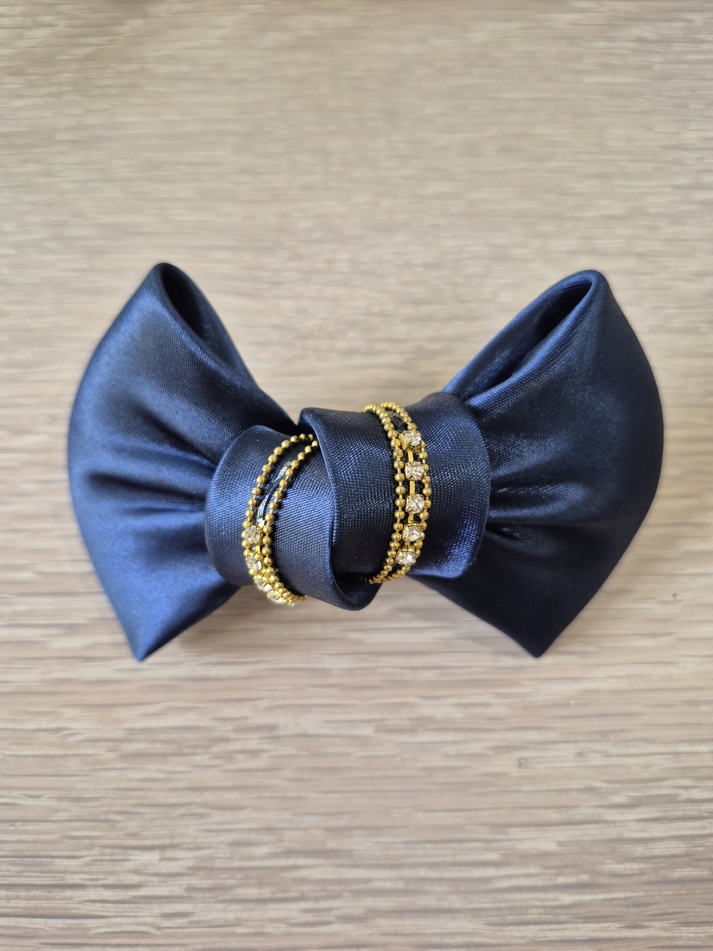 Navy Satin Bow Hair Clip with Gold Accent